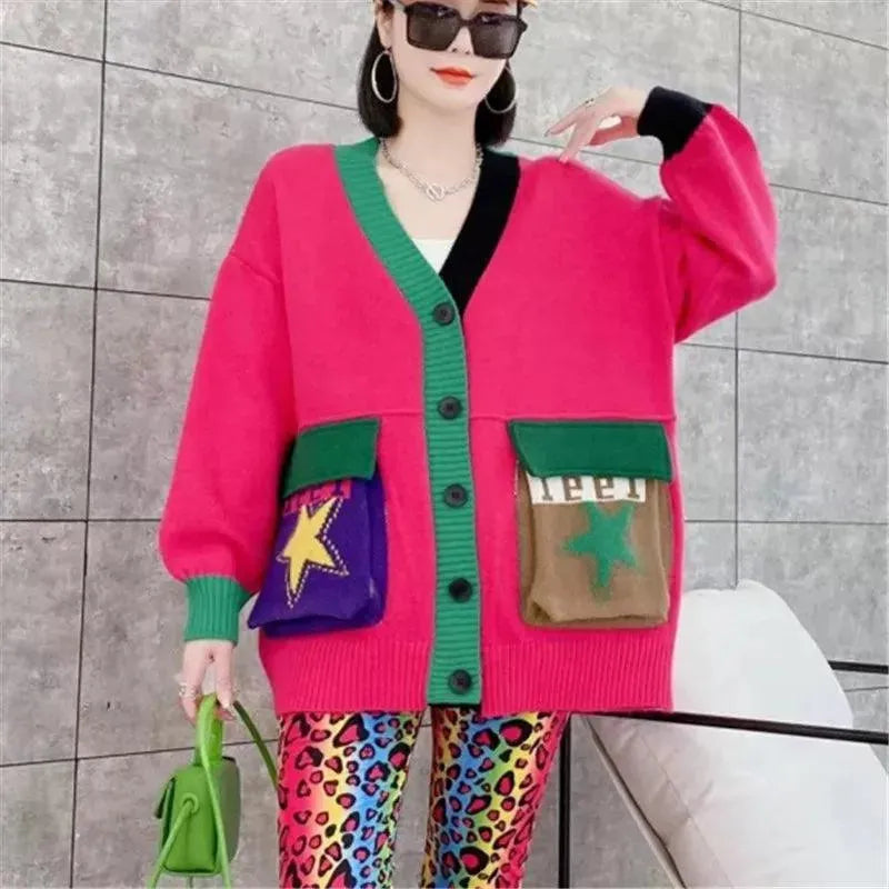  Women Patchwork Knitted V-Neck Cardigan - Scarlett Rolling